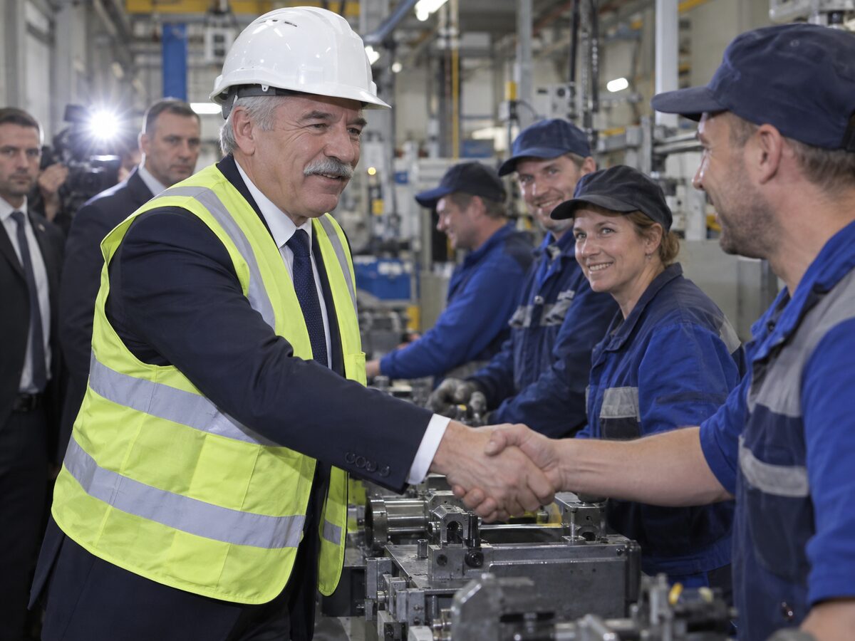 Gérard Moustier en gilet jaune fluorescent serrant des mains sur une chaîne de production